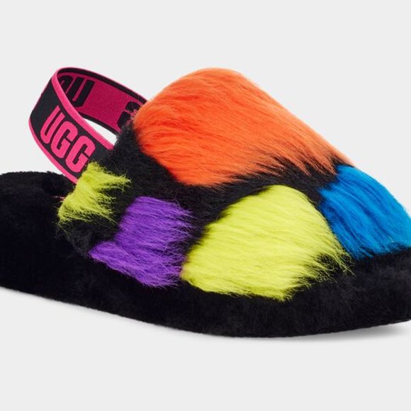 NWOB UGG Fluff Yeah Party Spots Slide Sandals Size 6 Multicolor Sheepskin - Picture 2 of 8